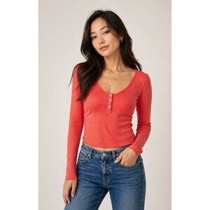 Free People Coral Keep it Basic Layered Top Ribbed Button Front Long Sleeve Top